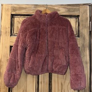 Pink fuzzy puffer jacket